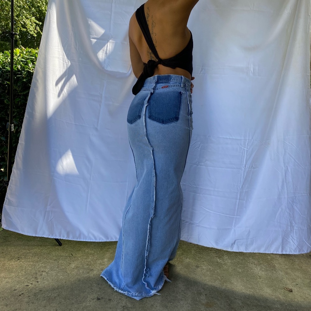 HIGH WAIST SPLIT THIGH REIMAGINED RAW EDGE CUSTOM DENIM SKIRT  27/28 WAIST 38-40